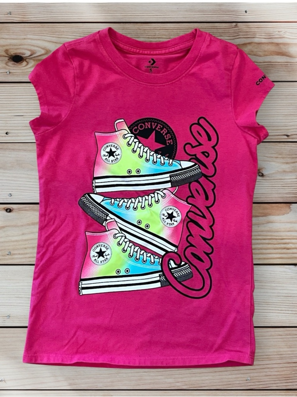 Converse Girls' Pink Graphic Tee T-Shirt Rainbow Sneaker Print Small